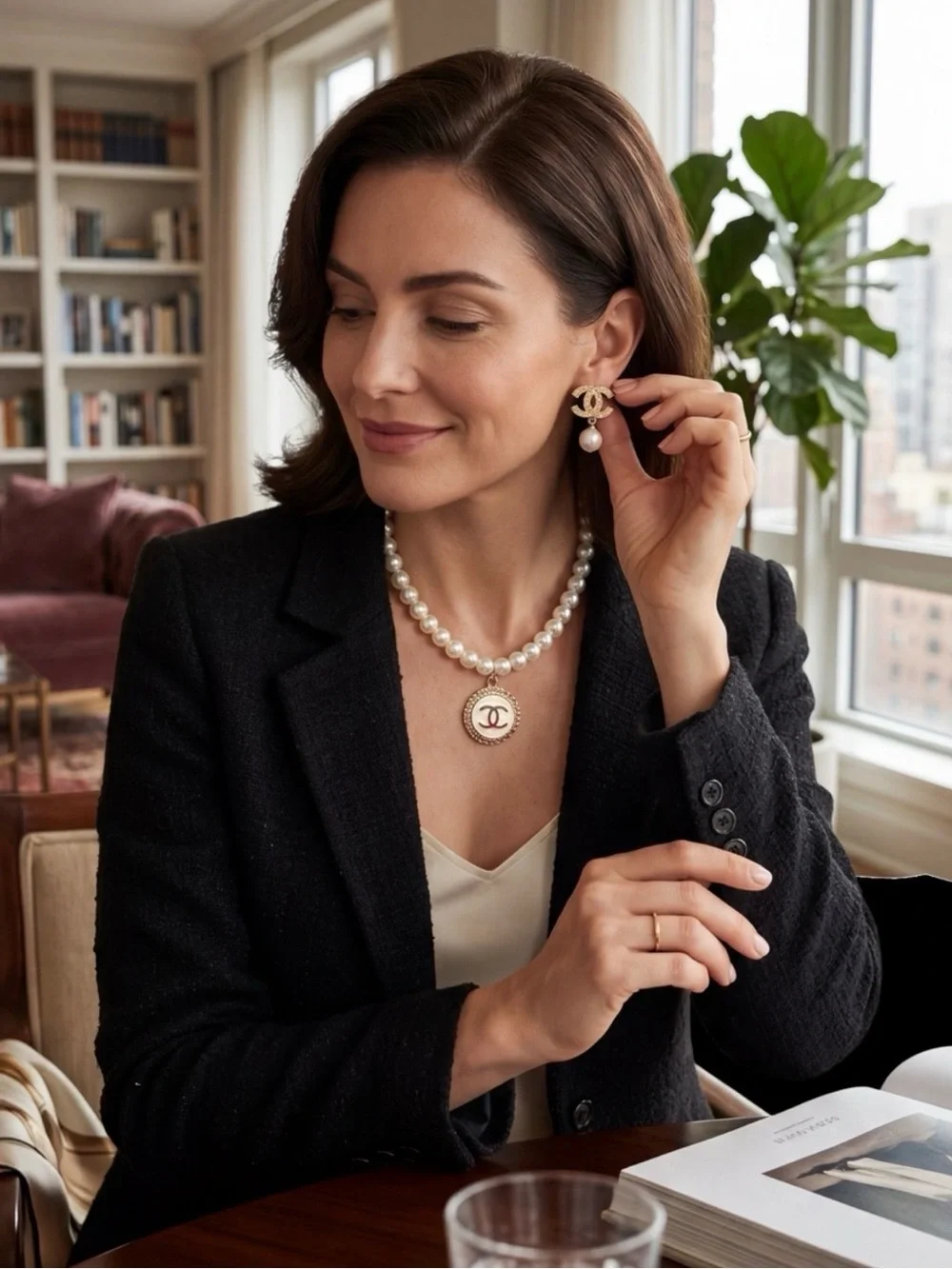 Pearl Necklace with Gold CC Pendant - White Pearls